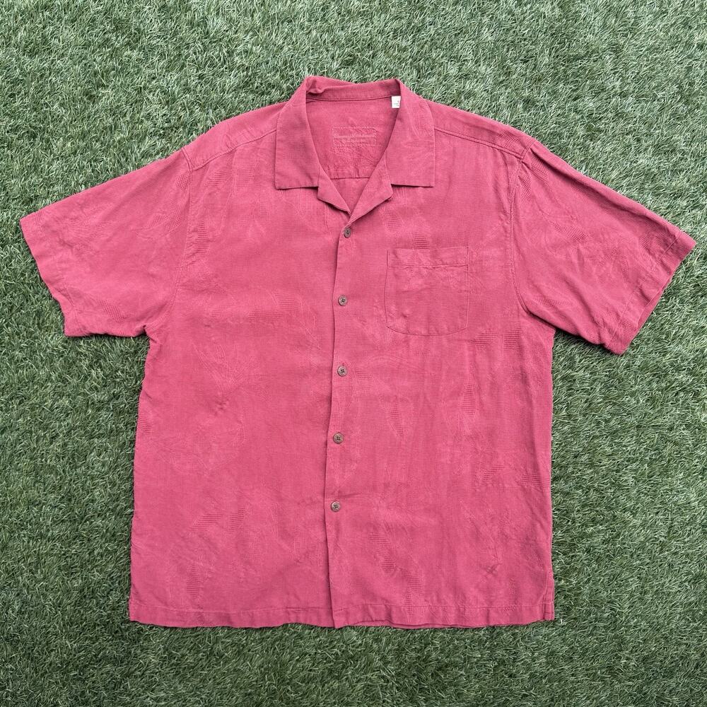 Tommy Bahama 100% Silk Camp Shirt Mens Large Maroon Tropical Hawaii